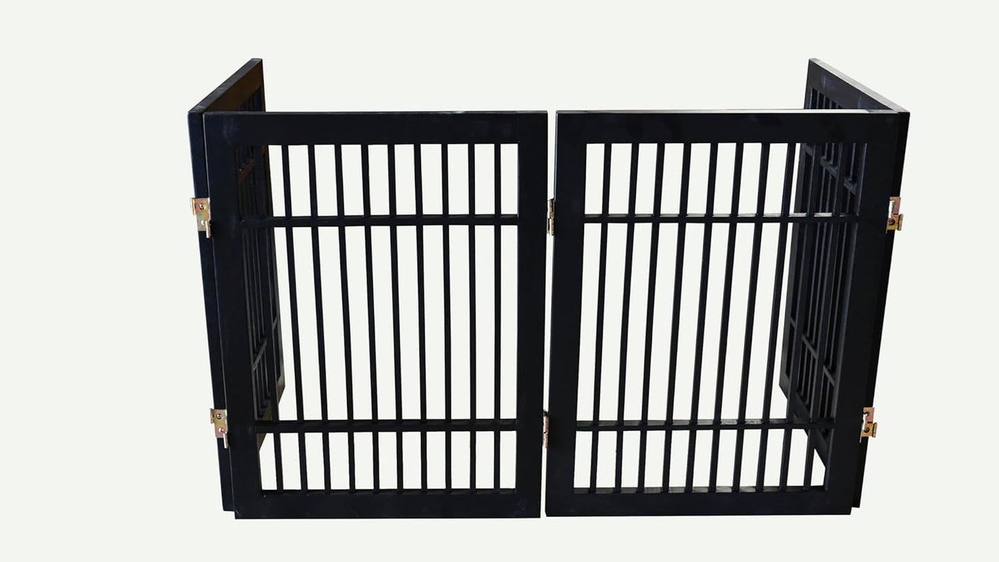 Pet Dog Gate Strong and Durable Freestanding Folding Acacia Hardwood Portable Wooden Fence Indoors or Outdoors by Urnporium (Black Pet Gate, 4 Panel 24" Tall)