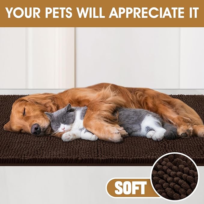Dog Door Mats for Muddy Paws, Chenille Absorbent Dog Mats, Non Slip Heavy Mud Mat for Dogs, Soft Pet Mat for Entryway, Mud Paws, Inside Floor,48" x 38", Brown