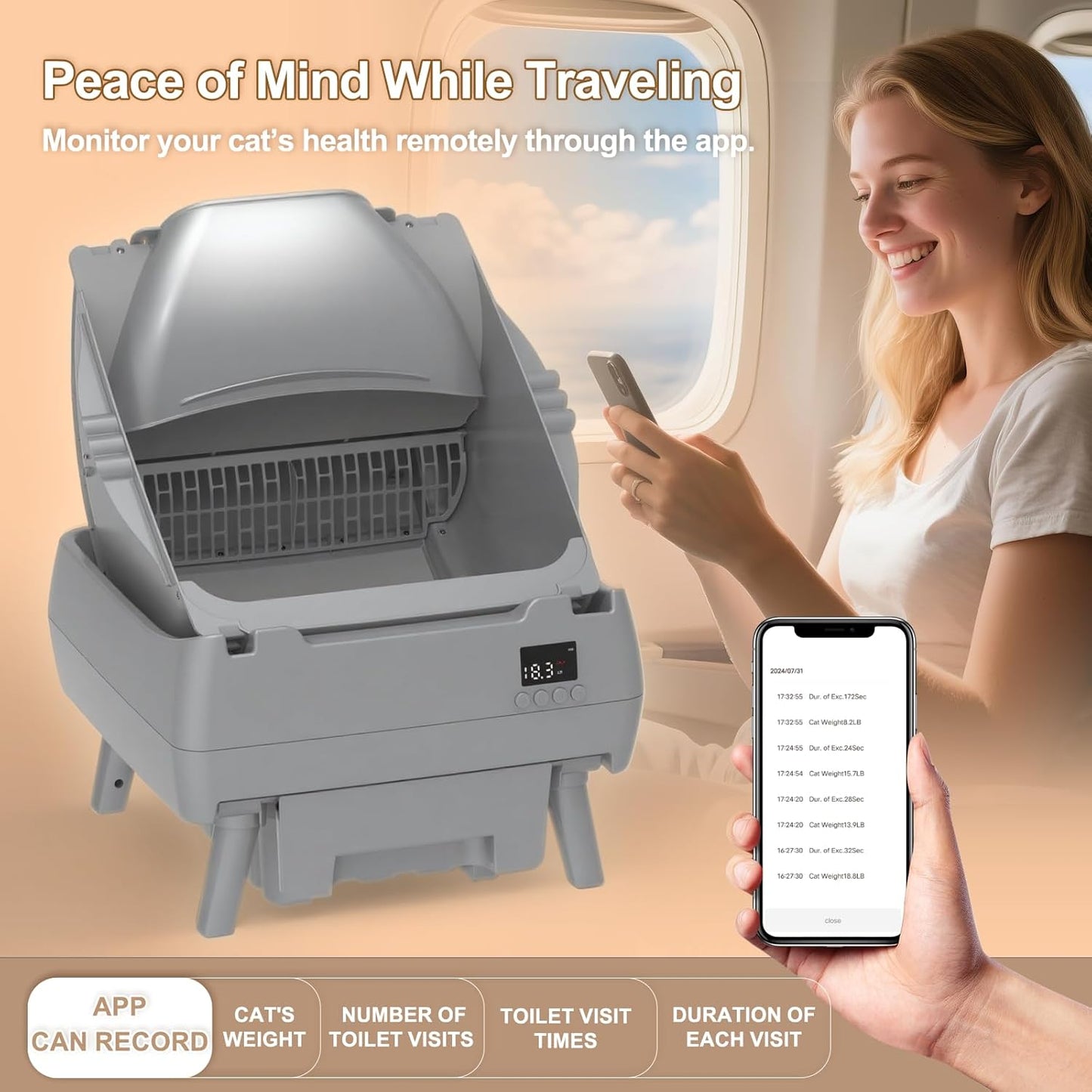 Automatic Cat Litter Box Self Cleaning - APP Control, Open-Style Design, Smart Health Monitor, Suitable for Medium Cats and Kittens, Safe Anti-Pinch, Quiet, A Lifelong Companion - Grey