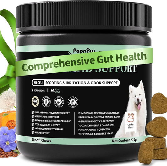 Dog Probiotics & Digestive Enzymes – Pumpkin Fiber Chews for Gut Health, Diarrhea & Upset Stomach Relief, Gas & Stool Support, Chicken Flavor Soft Chews – 90 Count
