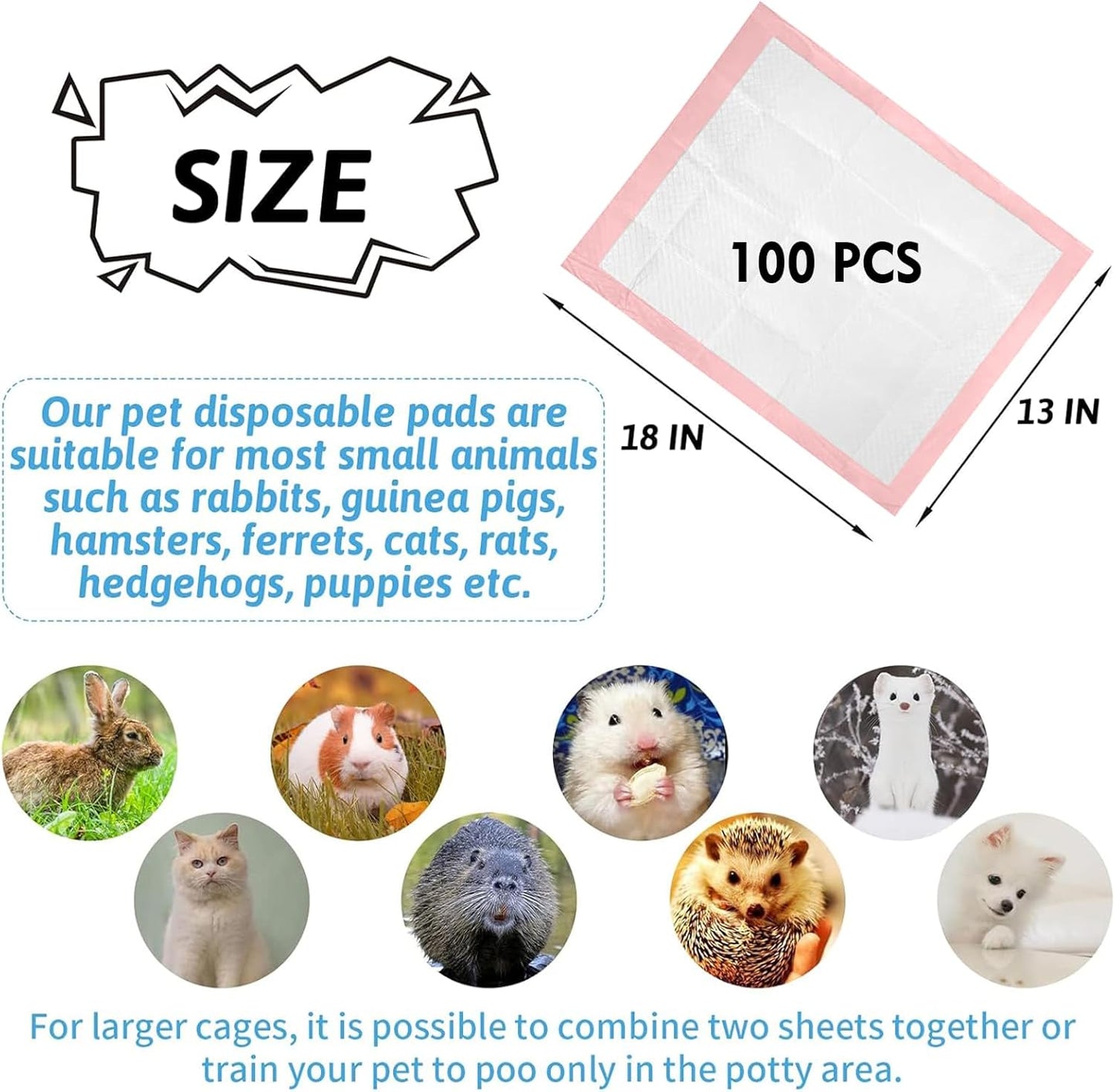 Tfwadmx Rabbit Pee Pads 100 Pcs 18"× 13" Disposable Cage Liners Leak-Proof Super Absorbent Potty Training Pad for Puppy Guinea Pigs Hedgehog Hamsters Chinchillas Cats and Other Small Animals