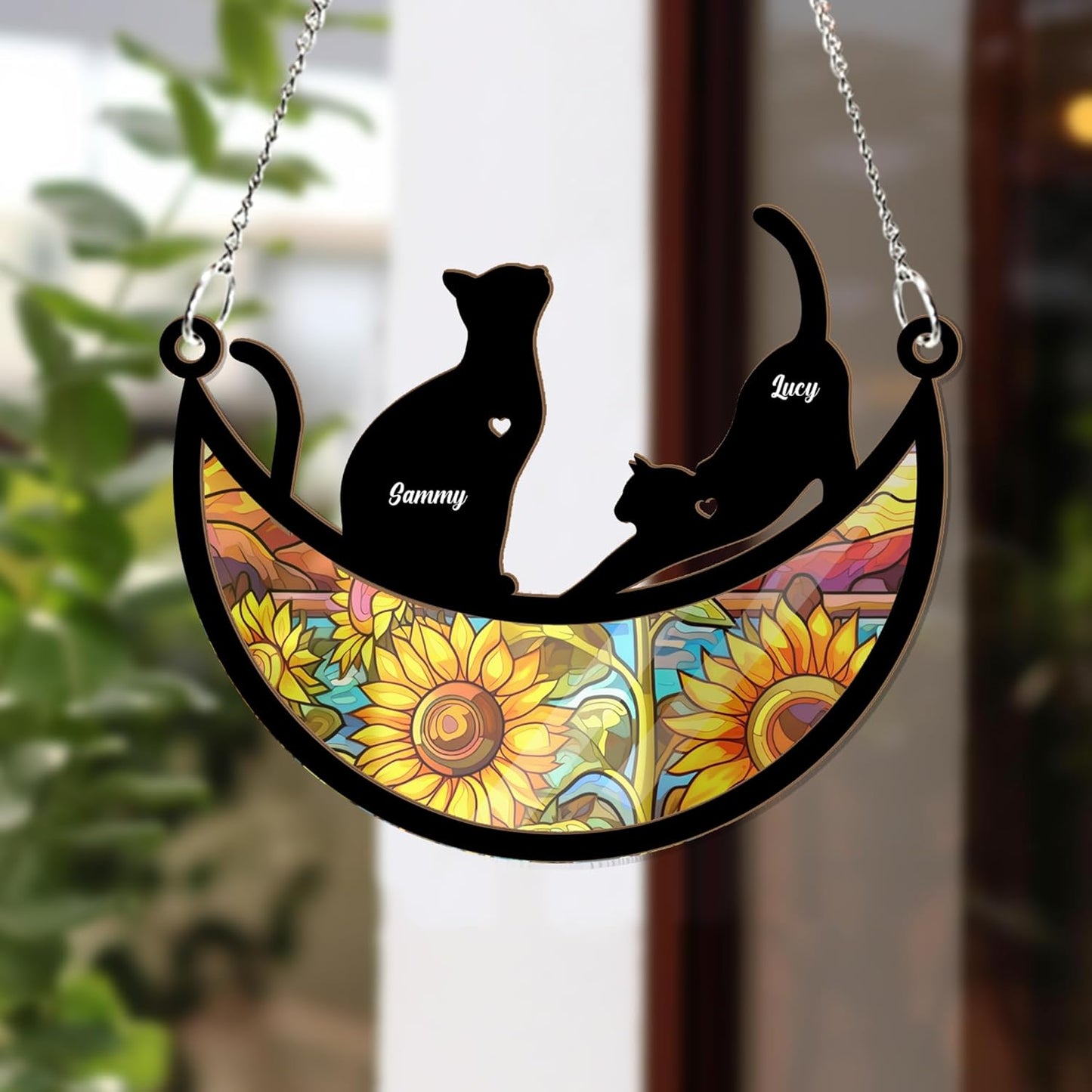 Personalized Couple Cat Suncatcher - Couple Pet On Moon Window Hanging, Loss of Pet Sympathy Gift, Furry Friends Keepsake, Engraved Cat Lovers, Remembrance Gifts
