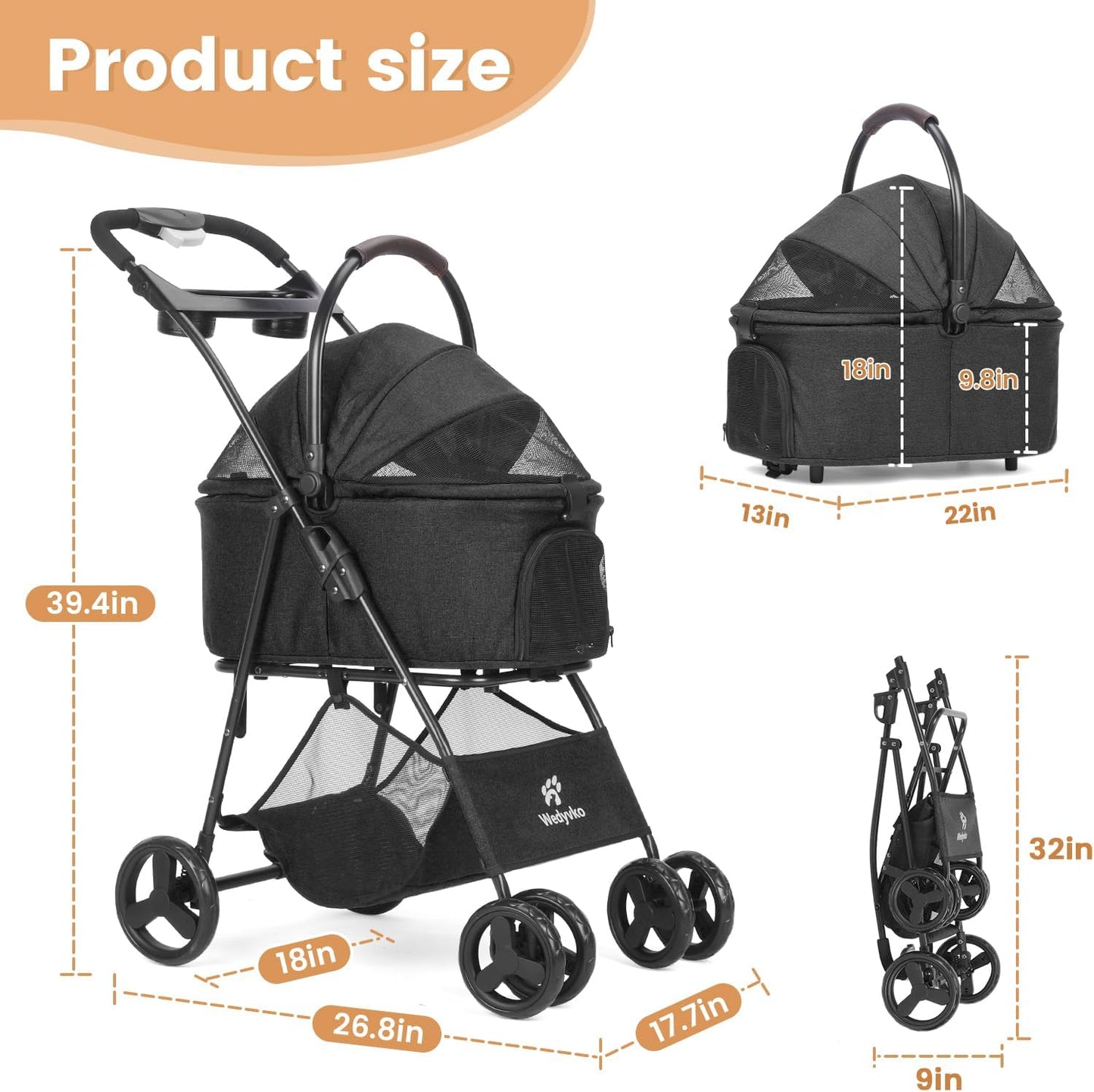 Pet Stroller, 4 Wheels Pet Strolling Cart for Medium/Small Dogs and Cats, Foldable Cat Jogger/Dog Stroller with Cup Holder, Storage Basket, Breathable Mesh, All-Season Pet Carrier (Black)