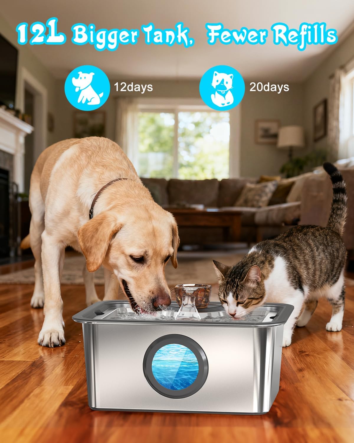 Dog Water Fountain for Large Dogs, 12L Stainless Steel 304 Pet Water Fountain, Cat Drinking Dispenser, Size:13.5 * 10.6 * 7inches, Smart Quiet Pump and Easy to Clean