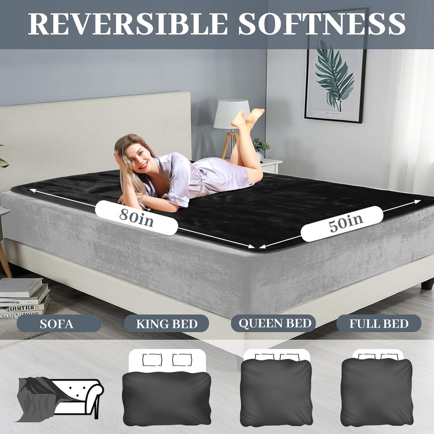 Love Black Waterproof Bed Blanket, Throw Size XL 50'' x 80'' Double Side Leakproof Reversible Sherpa Flannel Fleece 3 Layer Lightweight Blanket, Absorbs 44oz