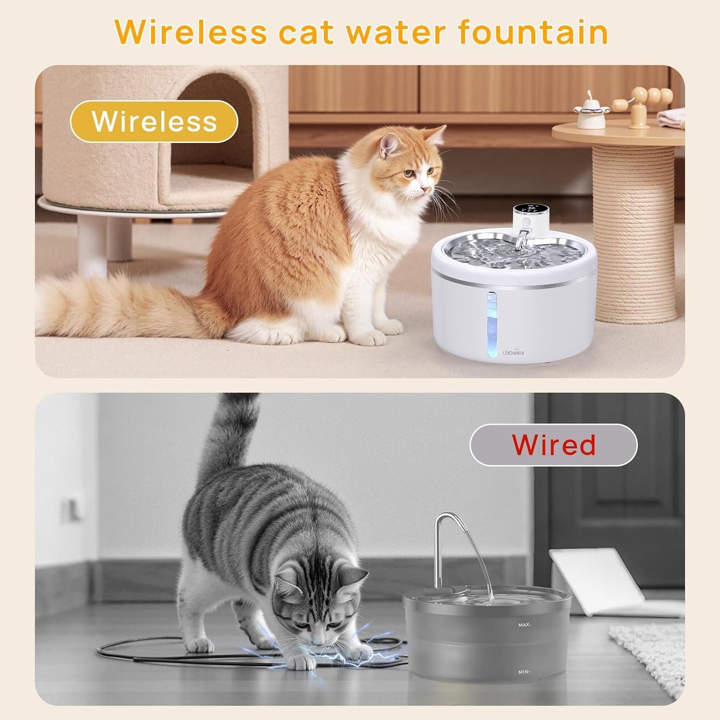 Wireless Cat Water Fountain with Stainless Steel Tray, Battery Operated Cat Fountain - 102oz/3L Automatic Pet Water Dispenser, Easy Clean with Motion Sensor for Cats, Dogs