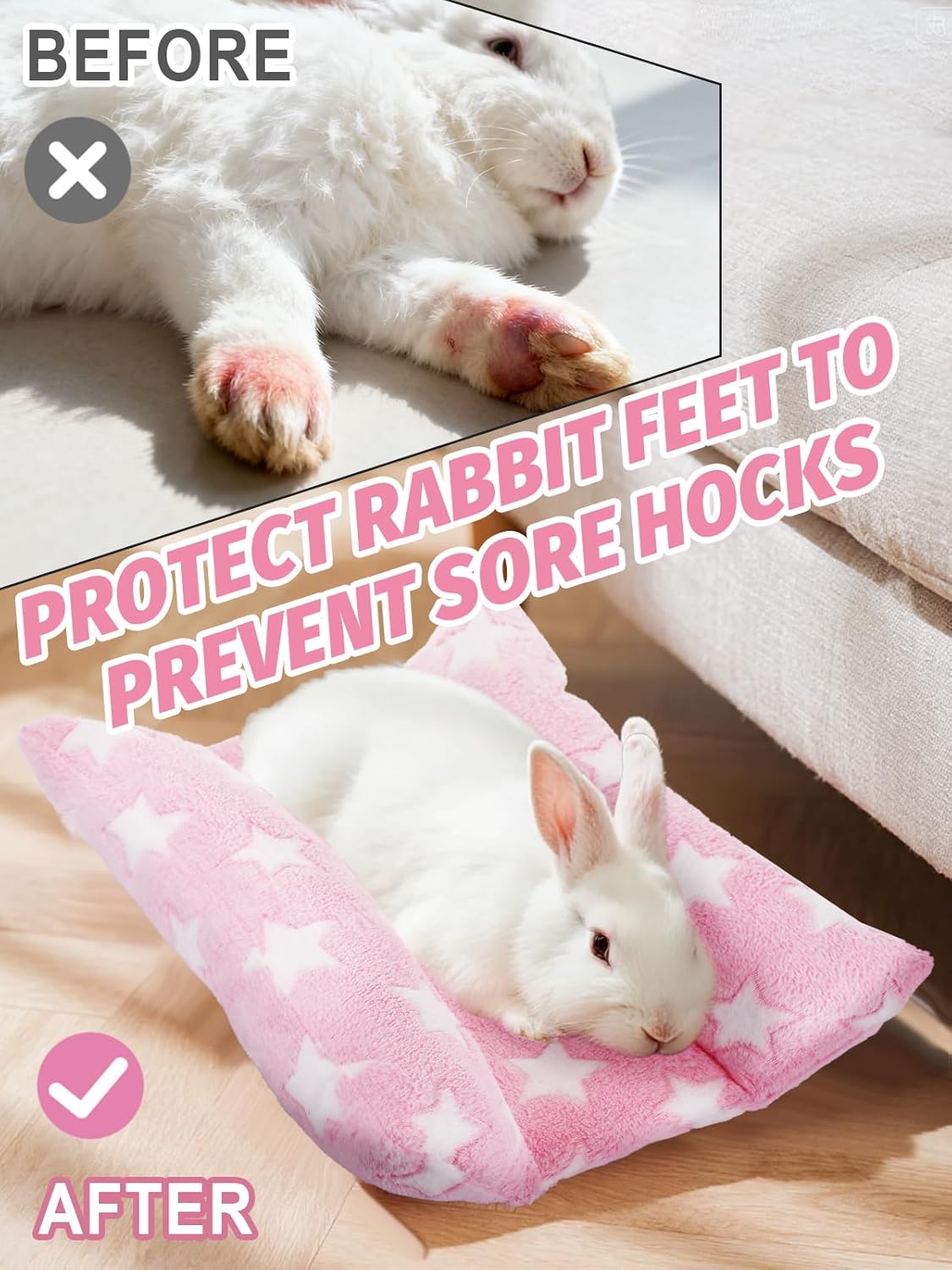 MEWTOGO 15.7x14in Rabbit Bed - Thickened Soft Bunny Concave Bed, Cuddle Cushion Plush Mat with Cotton Lounger Pillows for Cage Sleeping Indoor Bunny Gifts, Pink-Star