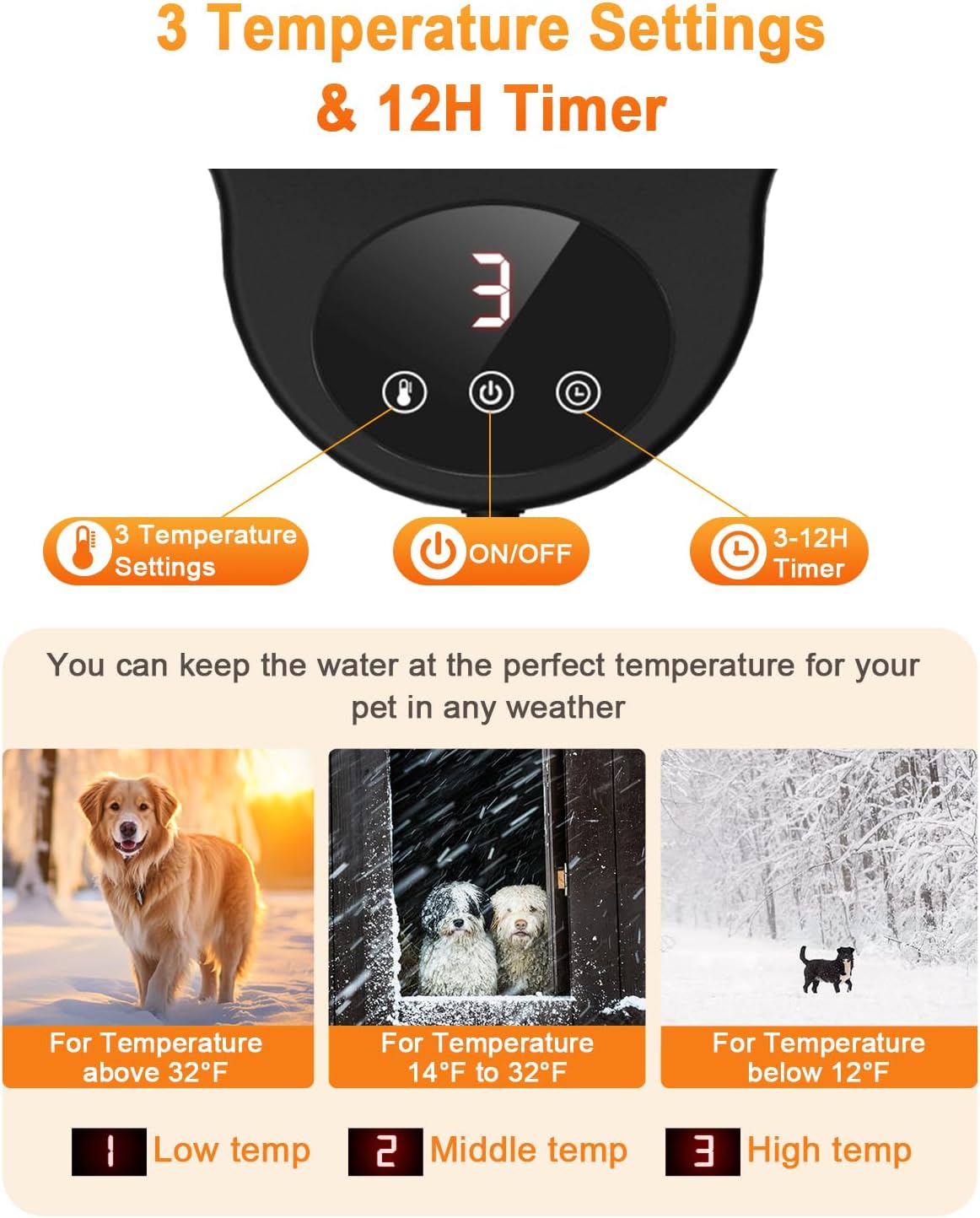 Heated Water Bowl for Dog & Cat, 3 Temperature Settings & 12H Timer, Outdoor Heated Pet Bowl with BPA-Free and 50oz Removable Stainless Steel Bowl, Anti-Chew Cord, for Chickens, Ducks, Birds