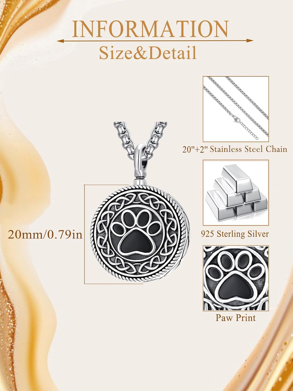 Pet Cremation Urn Necklace for Dog Cat Ashes 925 Sterling Silver Paw Print Keepsake Pendant Celtic Knot Memorial Jewelry for Women Men