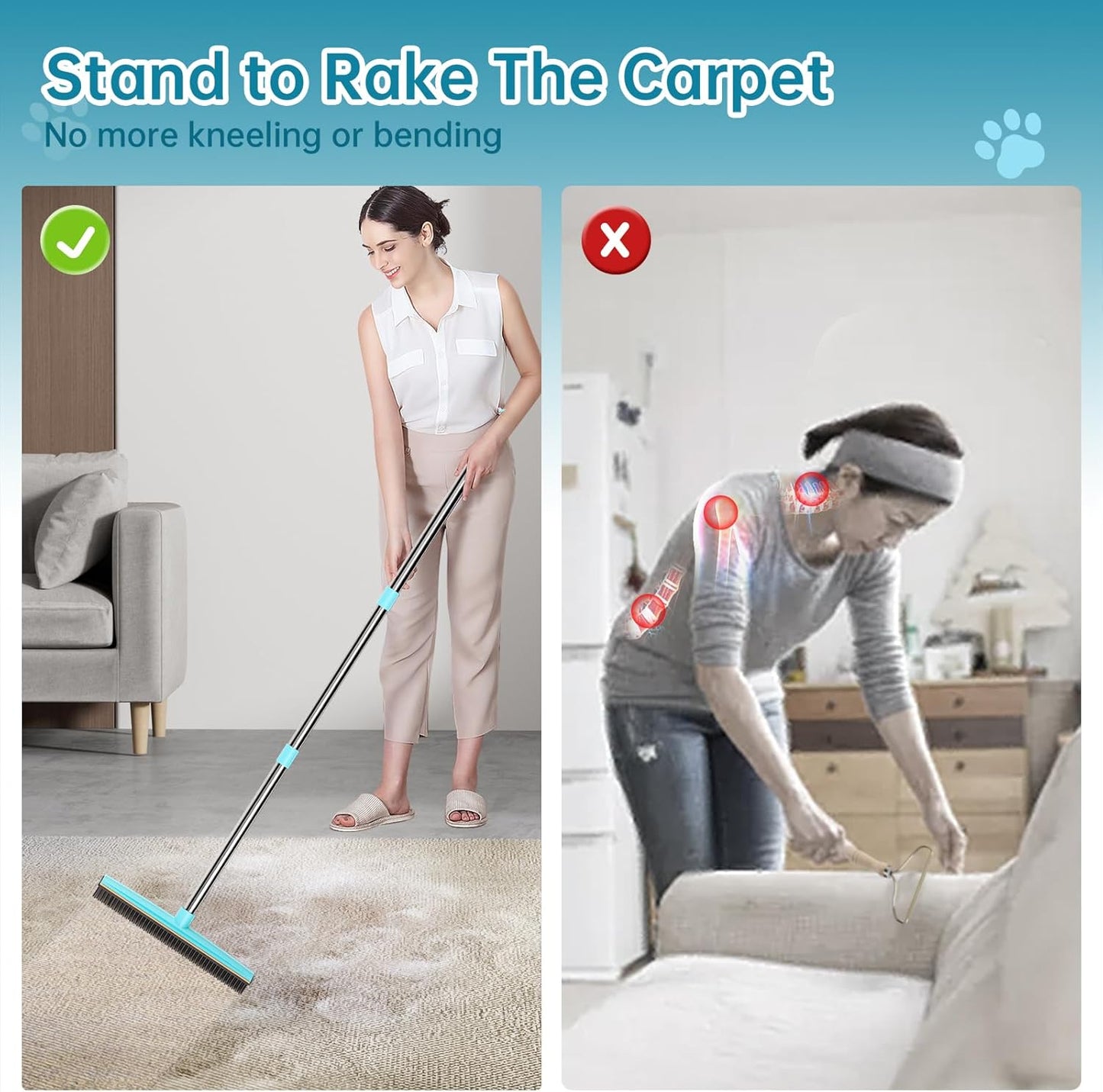 Carpet Rake - 60" Long Handle Pet Hair Removal with Metal Fabric Edge Design,Carpet Broom,Carpet Rake for Carpets, Rugs,Mats,Couch,Stairs(3 pcs)