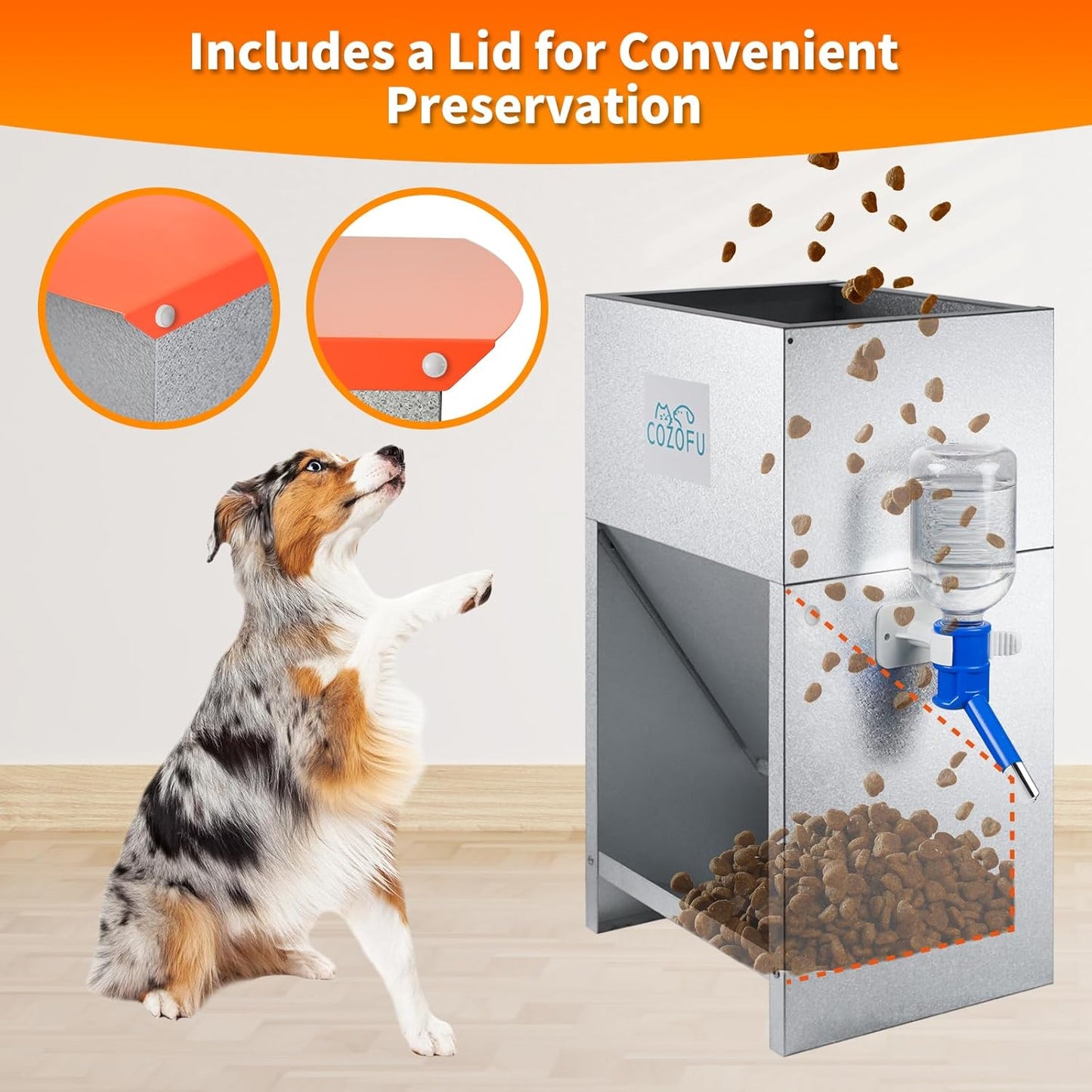 Automatic Gravity-Fed Dog Feeder with Water Bowl - Galvanized Steel Indoor/Outdoor Pet Food Station - 25lb Heavy-Duty Kibble Dispenser for All Dog Sizes