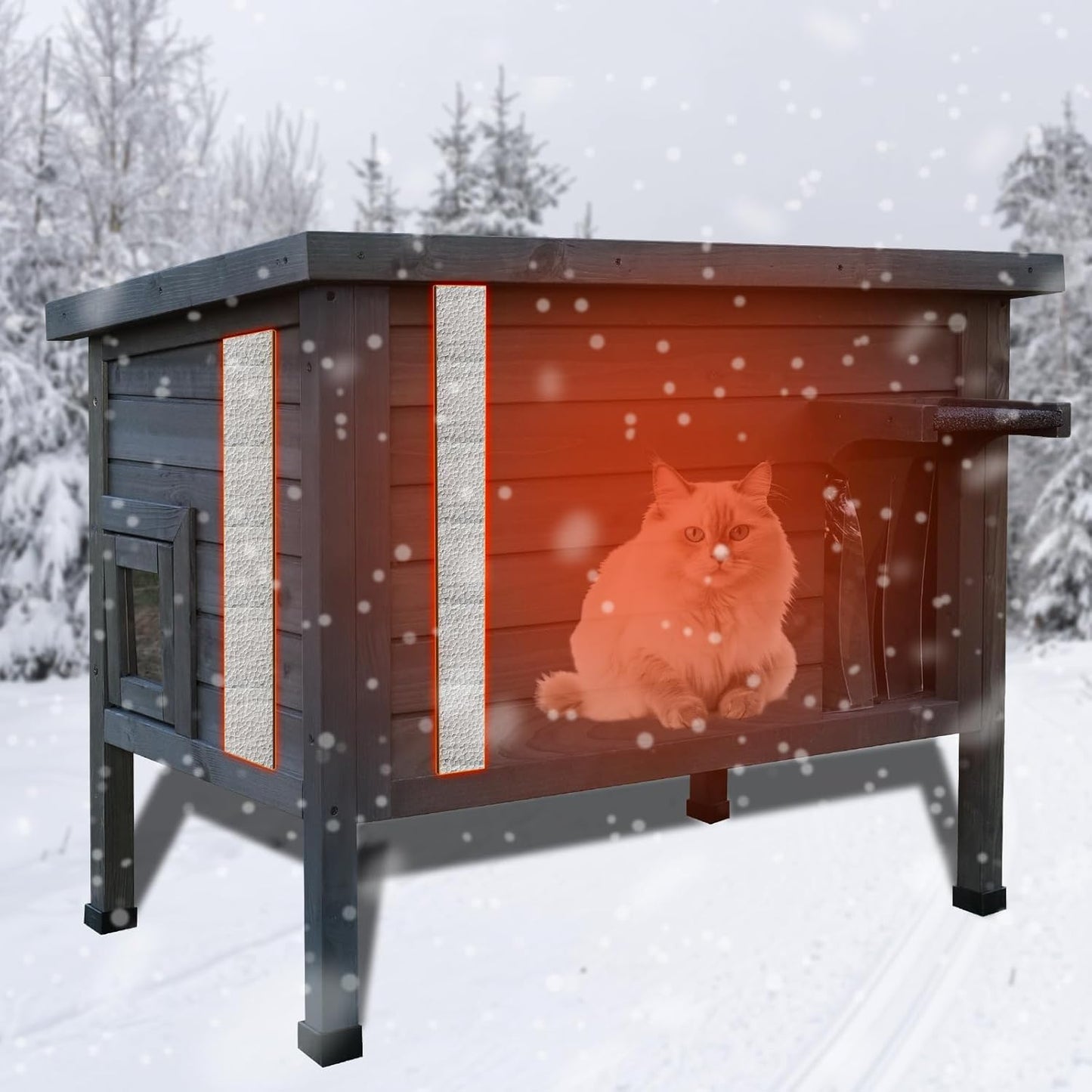 Outdoor Insulated Cat House Feral Cat Enclosure Cat Shelter Weatherproof for Winter with All-Round Foam Escape Door