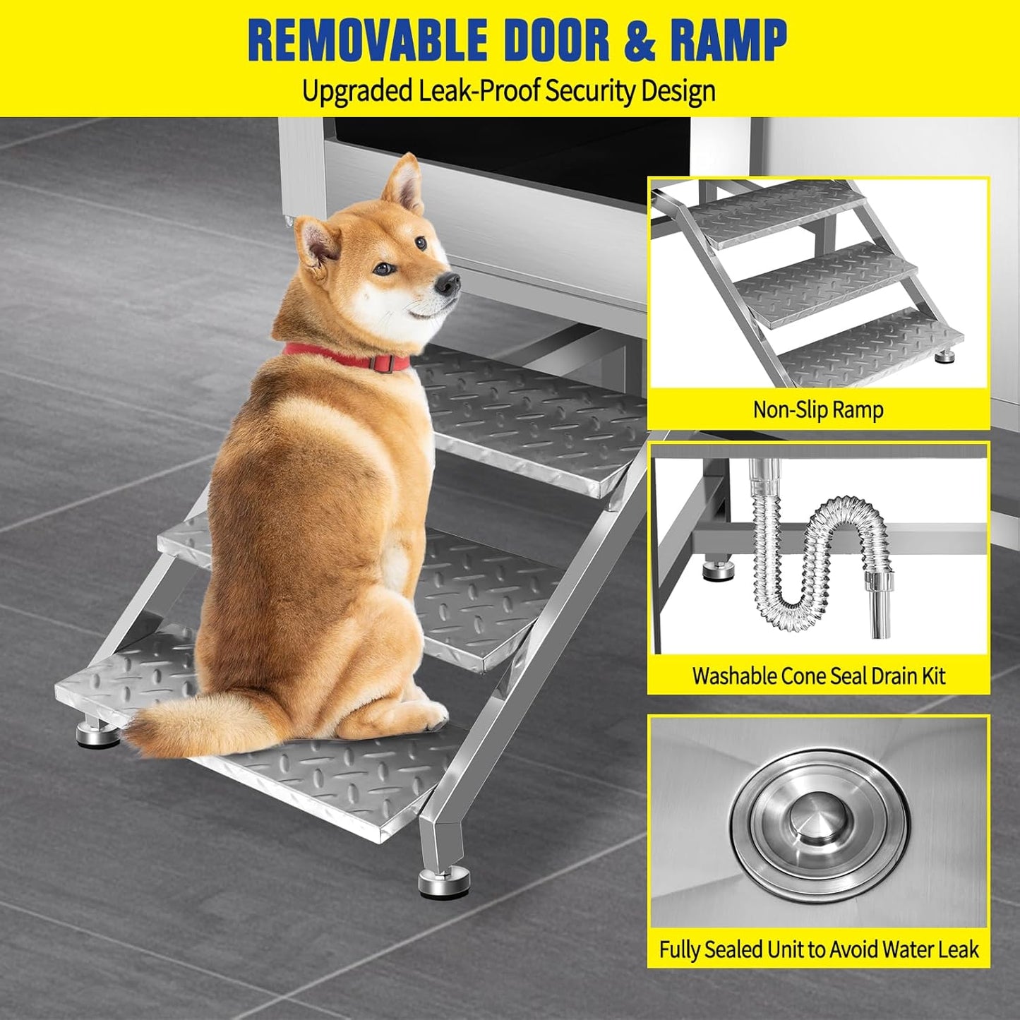 50" Pet Dog Bathing Station w/Ramp, Professional Stainless Steel Cat Grooming Tub w/Soap Box, Faucet,Rich Accessory, Dog Bathtub for Large,Medium,Small Pets, Washing Sink for Home