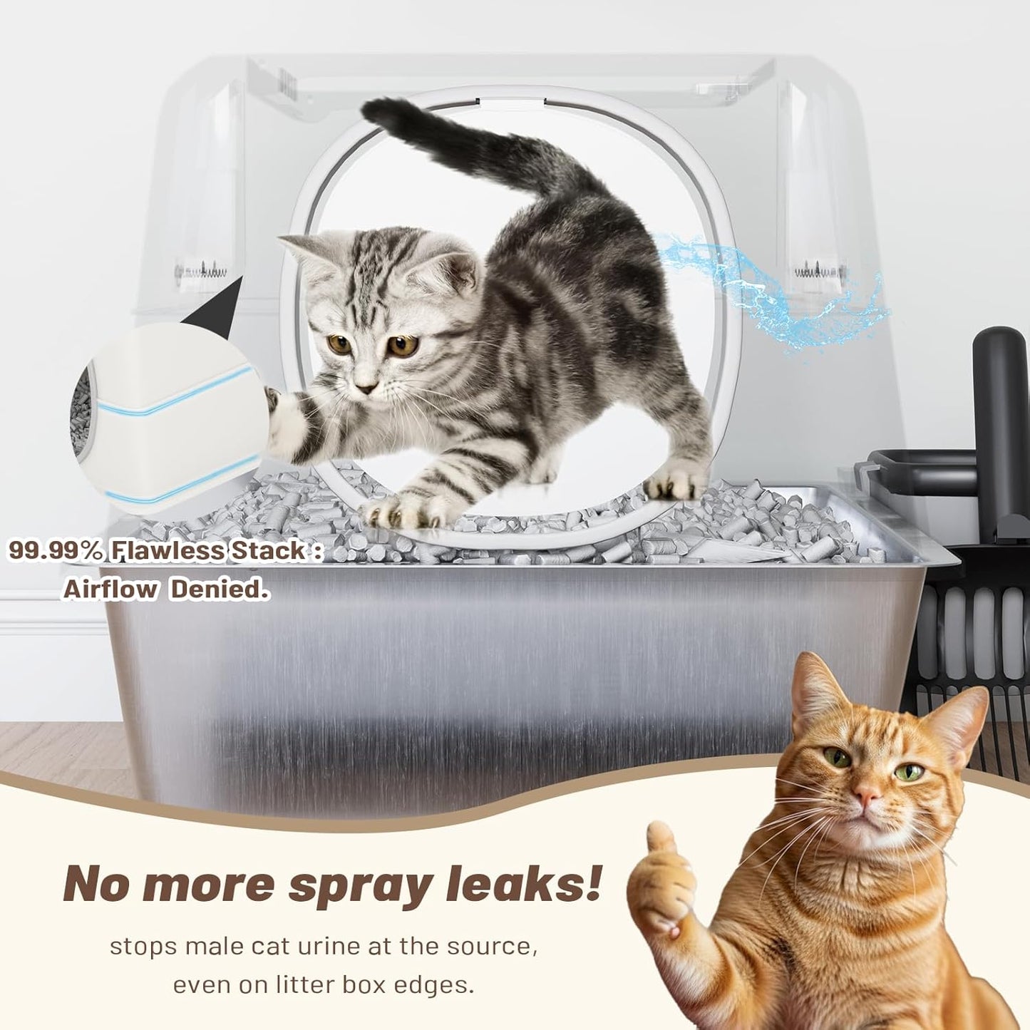 Extra Large Enclosed Stainless Steel Cat Litter Box Enclosure with Lid, Front Dual-Door and Top Exit Metal Cat Litter Pan Box for Big Cats, with Litter Scoop,Box Step, Waste Bin & Trash Bags, White