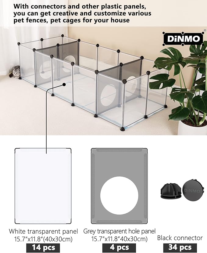 DINMO 4 Pcs Plastic Panel with Games Holes Design, 11.8" x 15.7", for DIY Small Animal Playpen and Cube Storage Unit, Grey Transparent