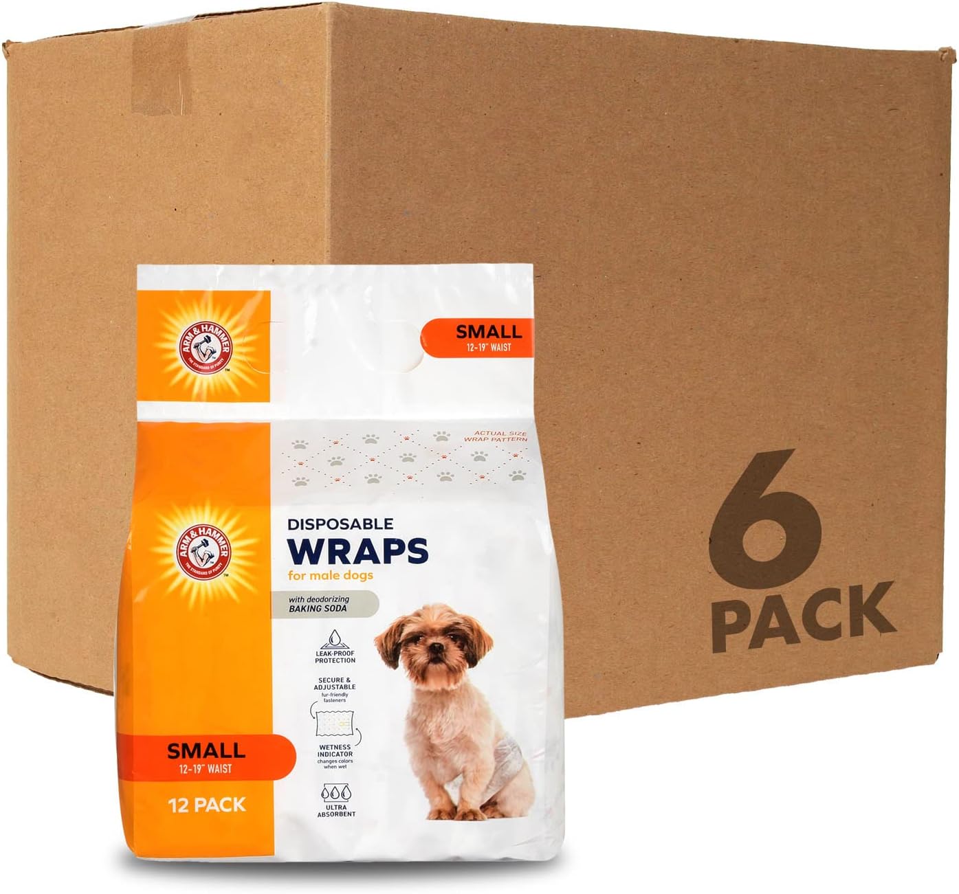 Arm & Hammer for Pets Male Dog Wraps, Size Small Ultra-Absorbent, Adjustable Male Dog Diapers with Leak-Proof Protection and Wetness Indicator | Baking Soda for Odor Control (Pack 6,72 Count Total)