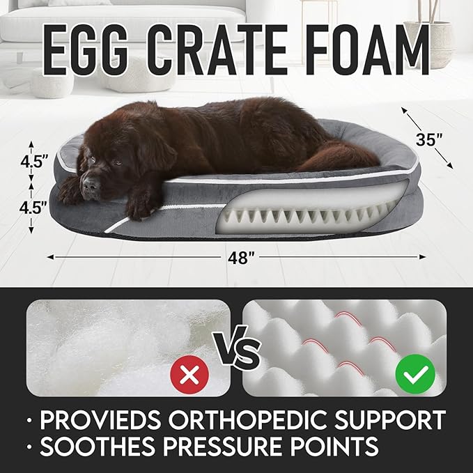 OhGeni Orthopedic Jumbo Dog Couch Pet Sofa XXL Sized Cat Beds with Comfort Foam Support, Soft Comfortable Fabric, Machine Washable Waterproof Removable Cover, 48-Inch (Gray)