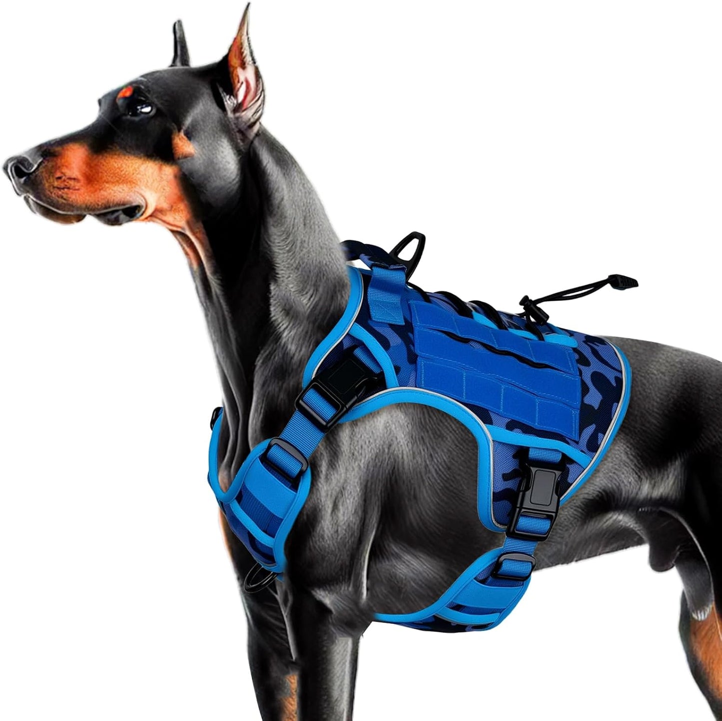 Heavy-Duty Tactical Dog Harness for Large Dogs, No Pull Adjustable Reflective Pet Vest with Molle System, K9 Military-Grade Control for Service Training, Outdoor & 10+ Breeds, Blue Camo, Large