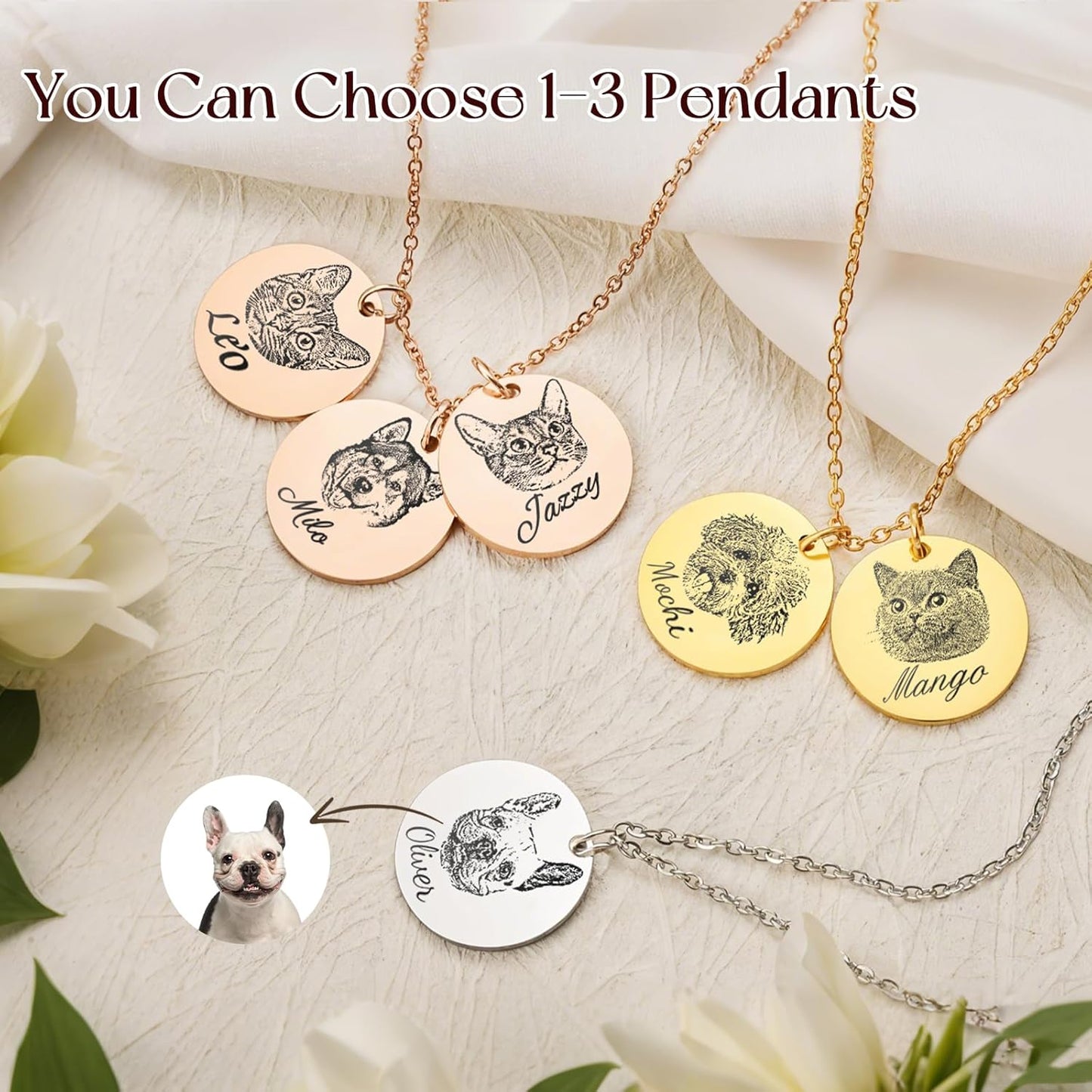 Personalized Pet Portrait Necklace Customized Pet Memorial Necklaces Dog Necklace for Women Custom Pets Necklaces Dog Memorial Jewelry for Cat Mom Dogs Dad (Rose Gold 3 Portrait)