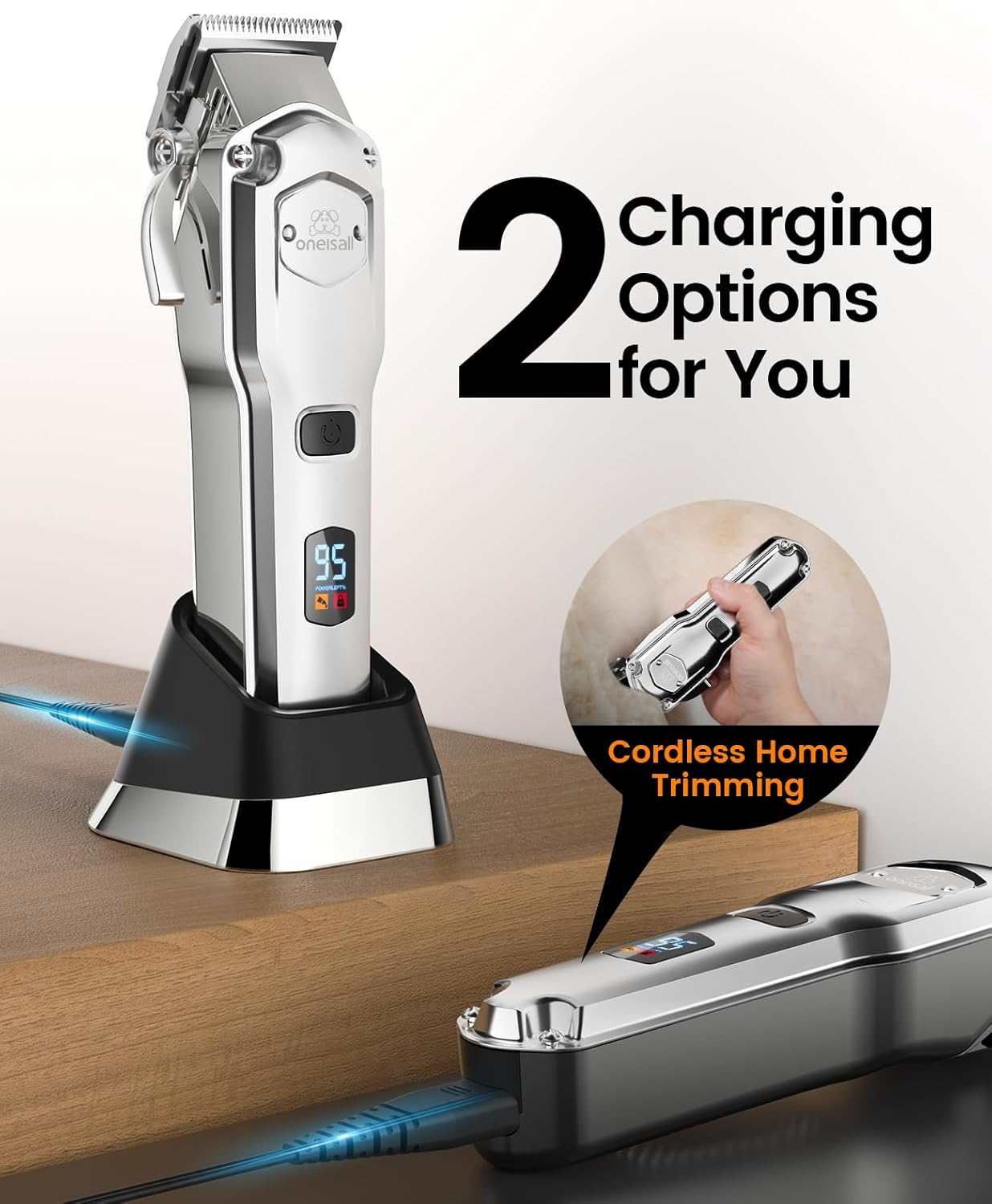 oneisall Dog Clippers for Grooming Thick Hair Professional,Cordless/Rechargeable Pet Grooming Kit with Detachable Metal Combs, Low Noise Heavy-Duty Pet Clippers for Thick/Curly/Fine/Wavy Hair (Sliver)