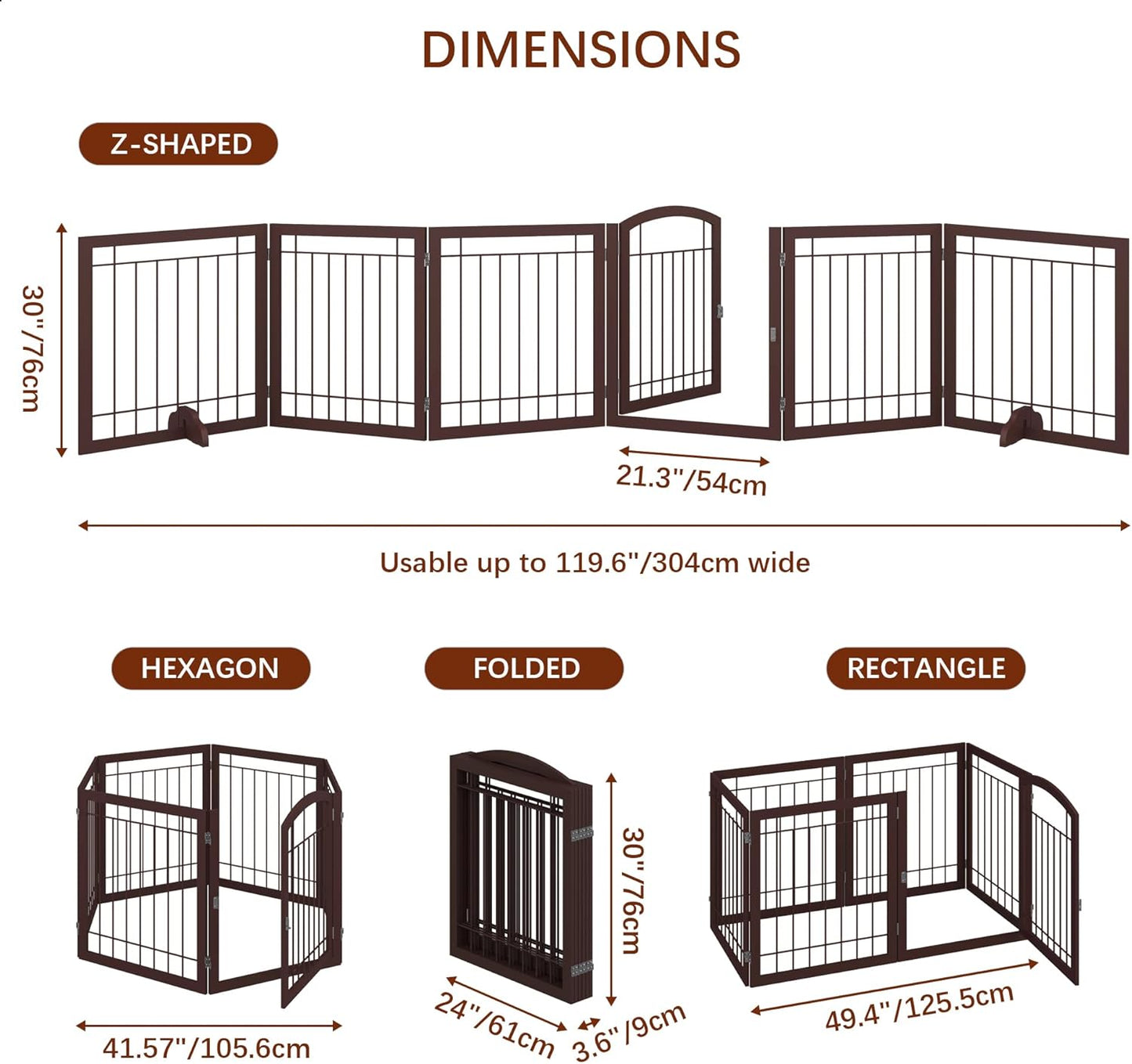 JSB 144-inch Extra Wide 30-inch Tall Dog gate with Door Walk Through, Freestanding Pet Gate for Halls, Stairs & Home, Pet Puppy Safety Dog Fence with 2PCS Support Feet (Espresso)