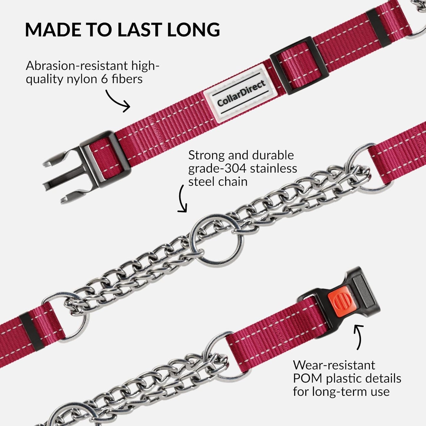 CollarDirect Martingale Dog Collar with Stainless Steel Chain and Quick Release Buckle - Reflective Collar for Large, Medium, Small Dogs - Dark Red, Small (Neck Size 12"-15")