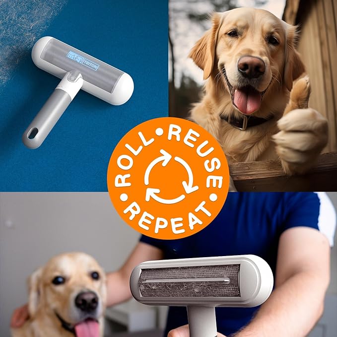 Triton Travel Pet Hair Removal Tool w/Fur Trapping Compartment and Detachable Handle, 60% Smaller Storage Size, Reusable Shedding Roller, Cat and Dog Hair Remover for Furniture, Couch (Gray/White)