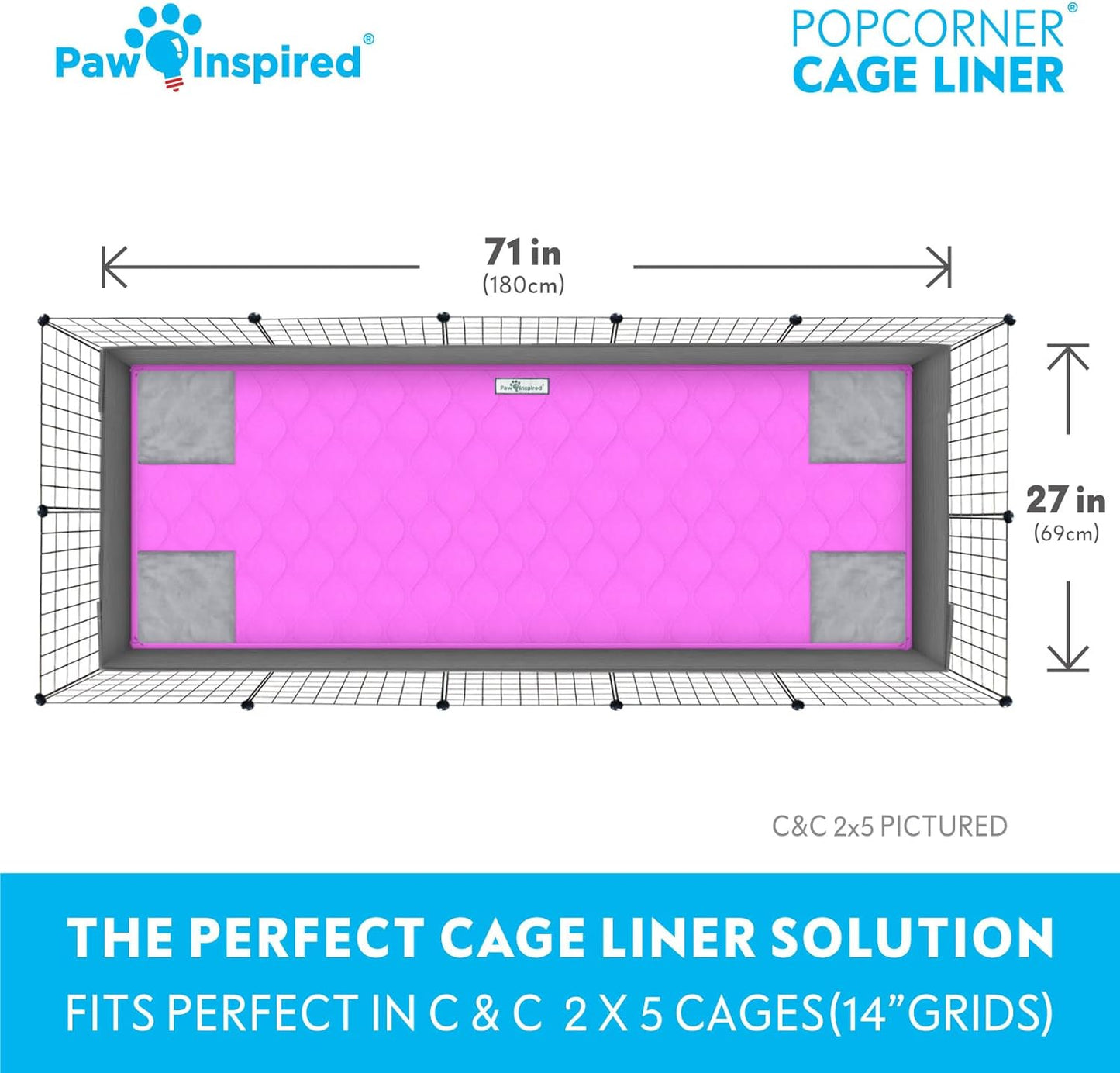 Paw Inspired PopCorner Guinea Pig Cage Liners | Washable Fleece Bedding or Pet Bed Mat for Small Animals | Super Absorbent Pee Pad with Reinforced Corners and Waterproof Bottom (C&C 2x5, Pink)