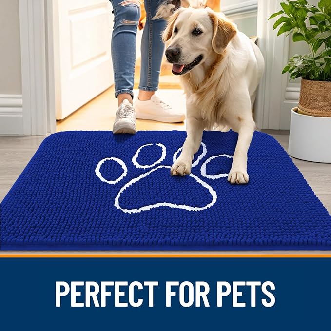 OLANLY Door Mat for Muddy Dog Paws 36x24, Ultra Absorbent Chenille Mud Doormat with Paw Print Design, Non-Slip Washable Doormat for Indoor Entryway, Quick-Dry Pet Bed Mats for Dirty Dogs, Royal Blue