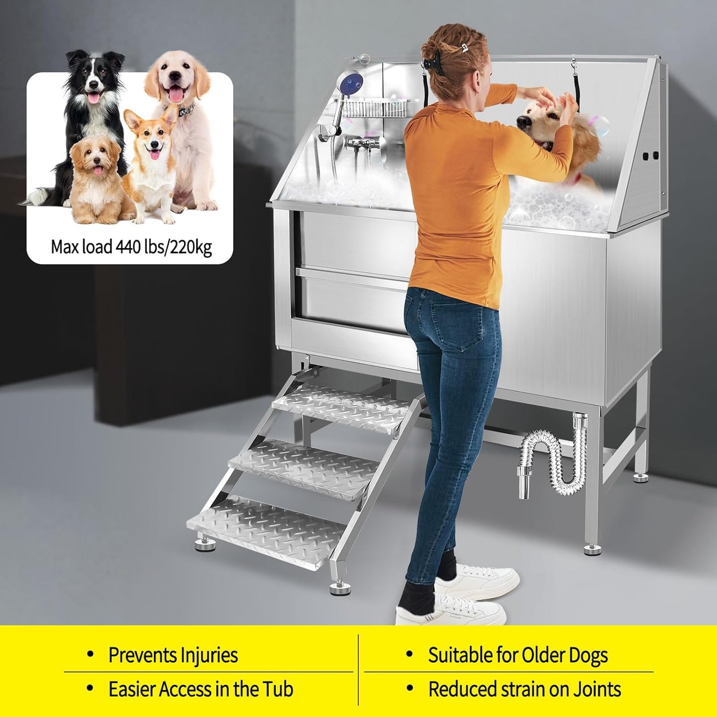 50" Pet Dog Bathing Station w/Ramp, Professional Stainless Steel Cat Grooming Tub w/Soap Box, Faucet,Rich Accessory, Dog Bathtub for Large,Medium,Small Pets, Washing Sink for Home