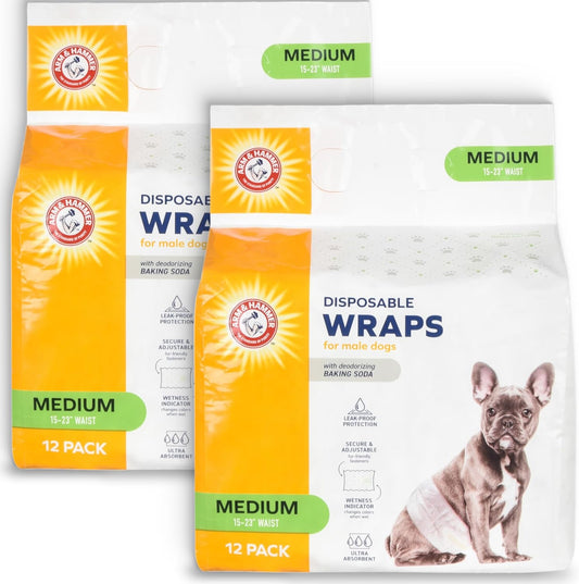 Arm&Hammer for Pets Male Dog Wraps, Medium 24 Ct UltraAbsorbent, Adjustable Male Dog Diapers with Leakproof Protection & Wetness Indicator Arm&Hammer Baking Soda Enhanced for Odor Control,Pack of 2