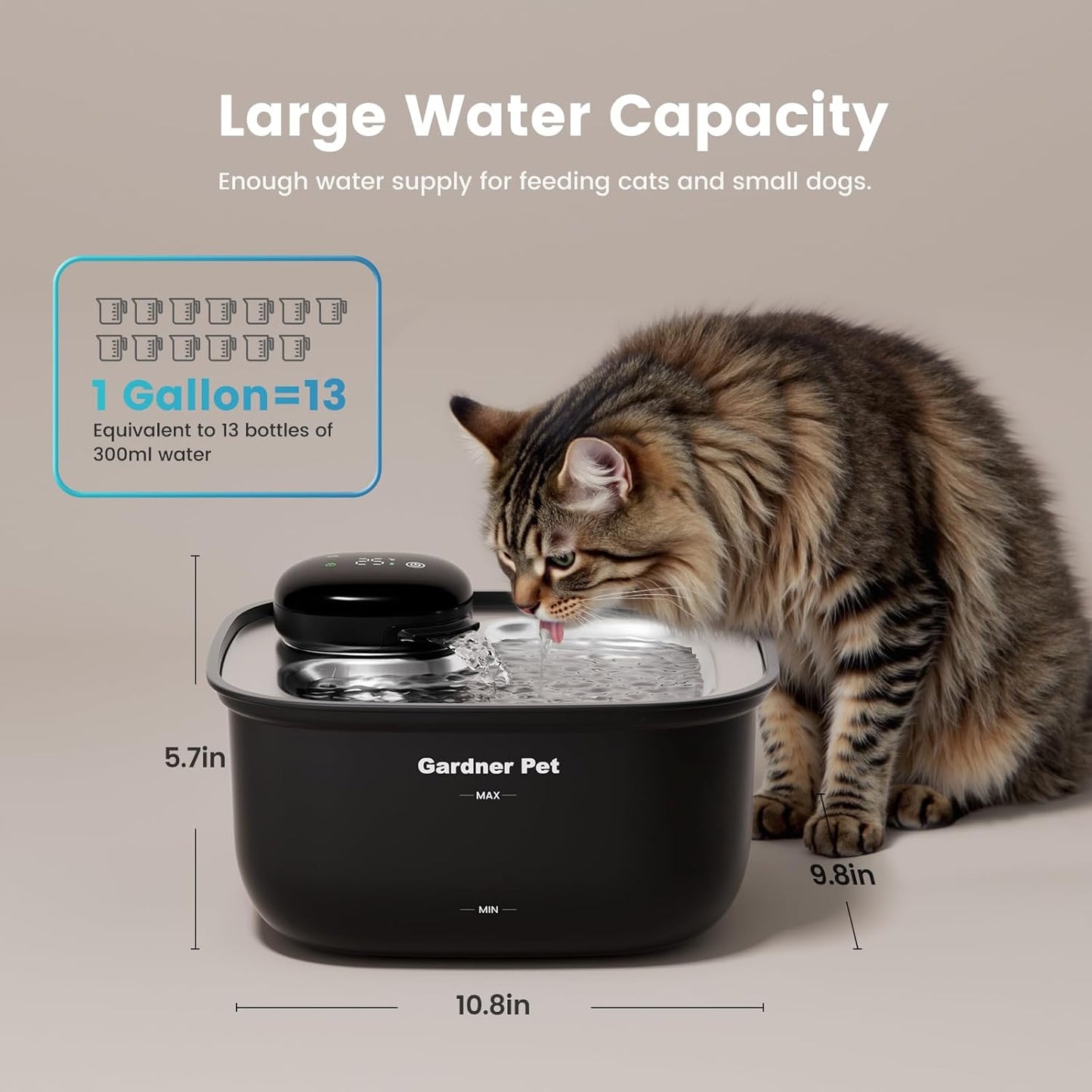 Gardner Pet Wireless Cat Water Fountain Stainless Steel Tray, 3.78L Cat Fountain Battery Operated, Cordless Pet Water Fountain for Cats & Dogs with Motion Sensor, Temperature Display - 1 Gallon
