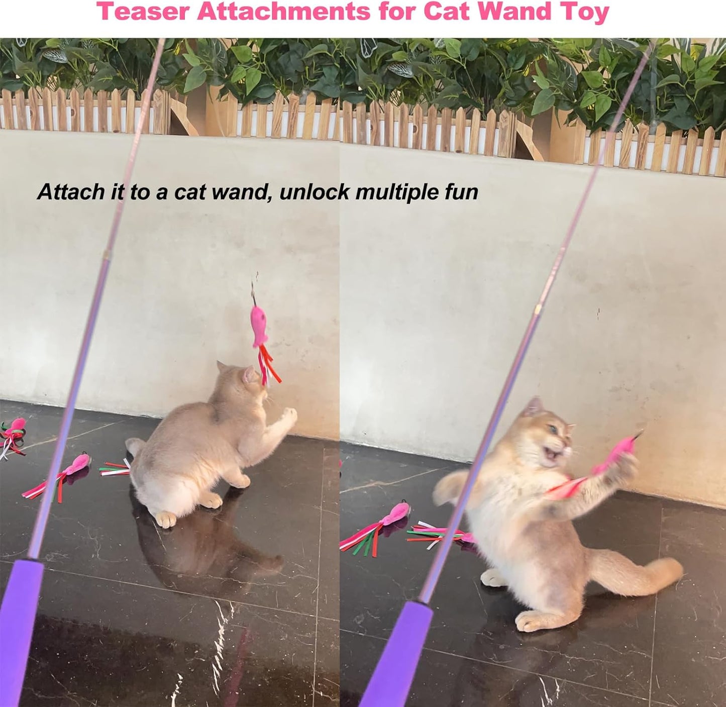 Cat Toys Pink Fish, 5PCS Catnip Toys for Cats, Flopping Cat Fish Toy Filled Soft Plush, Cat Feather Wand Accessories with Ribbons, Interactive Cat Toys for Indoor Cats Kitten Play Exercise Chew