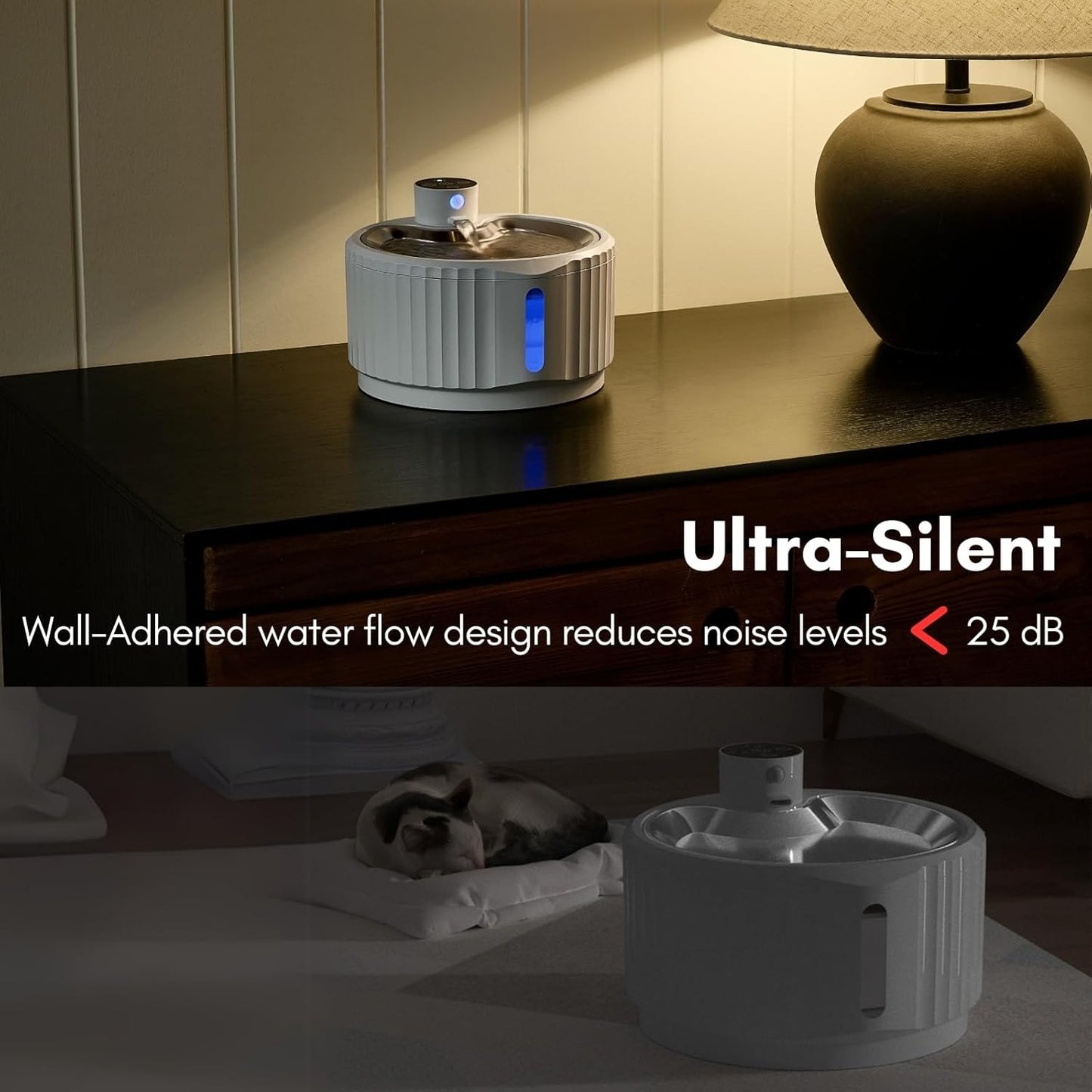 Leafur Cat Water Fountain, Battery Operated - Motion Sensor Pet Fountain 2.8L/95oz, Automatic Water Dispenser with Quiet Pump & Stainless Steel Tray (White Cordless)