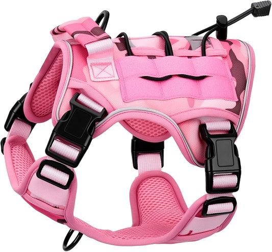 Heavy-Duty Tactical Dog Harness for Large Dogs, No Pull Adjustable Reflective Pet Vest with Molle System, K9 Military-Grade Control for Service Training, Outdoor & 10+ Breeds, Pink Camo, Small