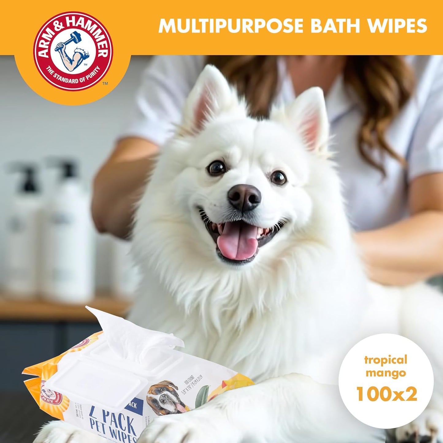Arm & Hammer for Pets Heavy Duty Multipurpose Bath Wipes for Dogs | All Purpose Dog Wipes Remove Odor & Refresh Skin for Pets | Fruity Mango Scent, Two (2) 100 Count Packs of Pet Wipes