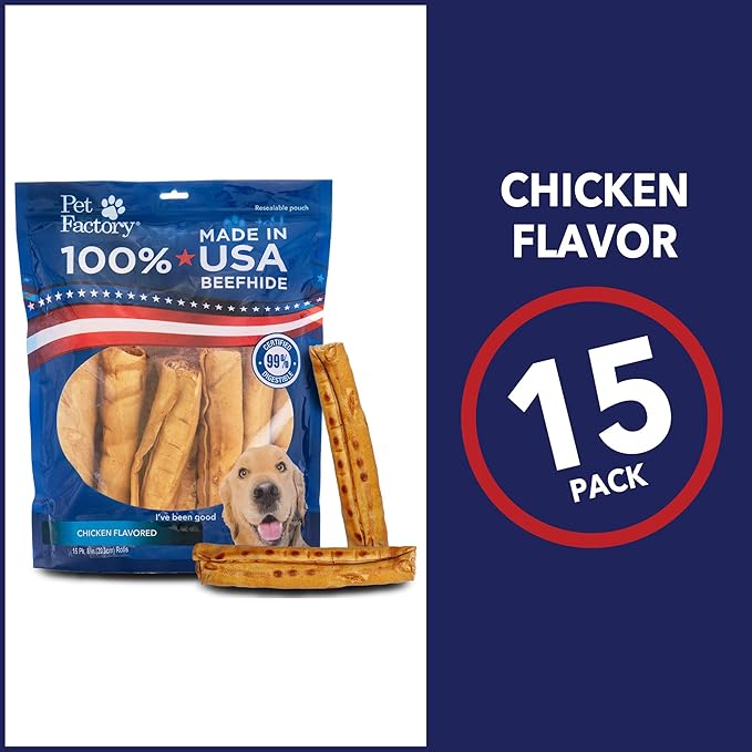 Pet Factory 100% Made in USA Beefhide 8" Rolls Dog Chew Treats - Chicken Flavor, 15 Count/1 Pack