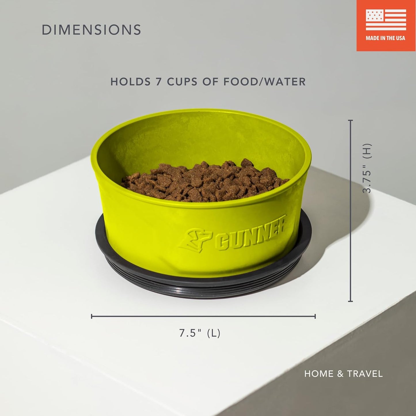 GUNNER Dog Bowl with Spill-Proof Travel Lid – 7.5" x 3.75", 1.3 lb, 7-Cup Capacity, BPA-Free, Rust-Proof, Shock-Resistant, Stackable, Dishwasher Safe, Leak-Resistant Nesting Lid – Yellow Green