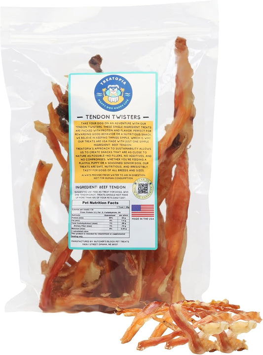 Mixed Beef Tendon Twisters Dog Treats, 16 Oz Bag - All-Natural, Sustainable, Healthy, High Protein, Hand-Trimmed, Slow-Roasted, Made in The USA, Nutritious, No Additives, No Fillers