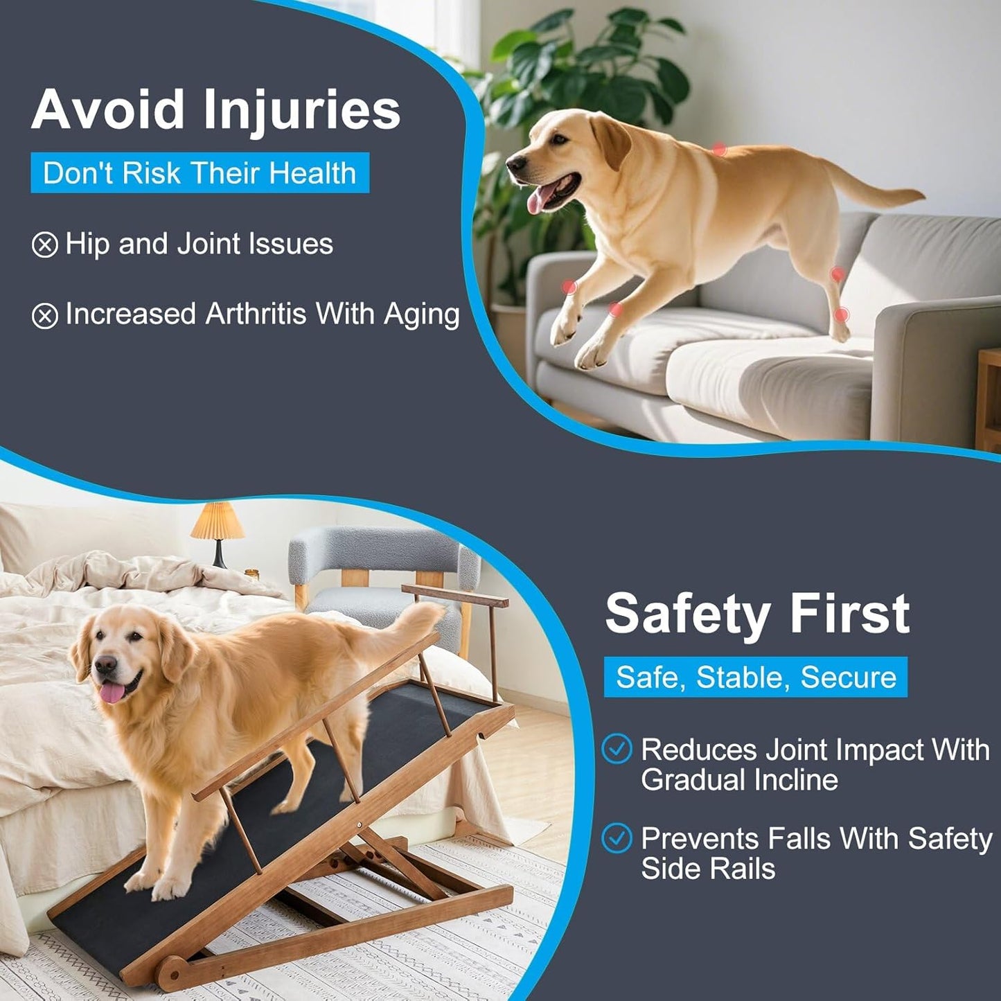 Dog Ramp for Bed and Couch, 5 Height Adjustable Solid Wood Pet Ramp for Small, Medium & Large Dogs, Collapsible Anti-Slip Dog Ramp for Sofa, Couch & Beds (Brown, 115)