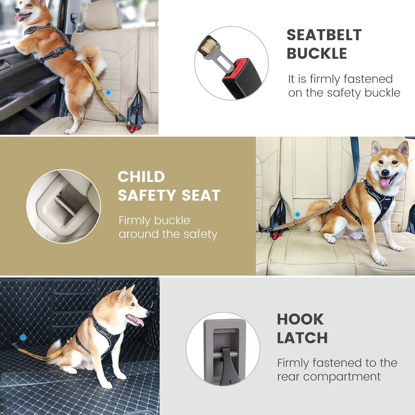 IOKHEIRA Dog Seat Belt 3-in-1 Car Harness for Pets Adjustable Safety Seatbelt Nylon Reflective Bungee Fabric Dog Car Harness with Clip Hook Latch & Buckle, Swivel Zinc Alloy Carabiner (Green)