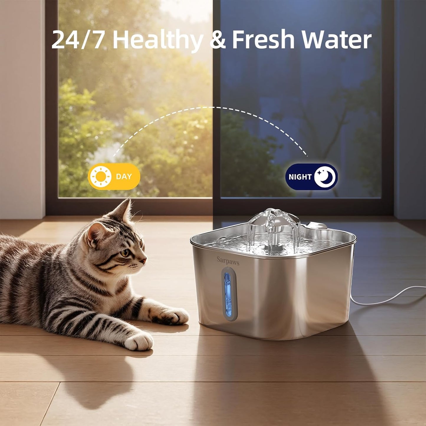 Cat Water Fountain Stainless Steel：74oz/2.2L Water Fountains for Cats Indoor, Cat Fountains for Drinking, Ultra-Quiet, Water Level Window, Pet Water Fountain - 2 Filters + 2 Sponges