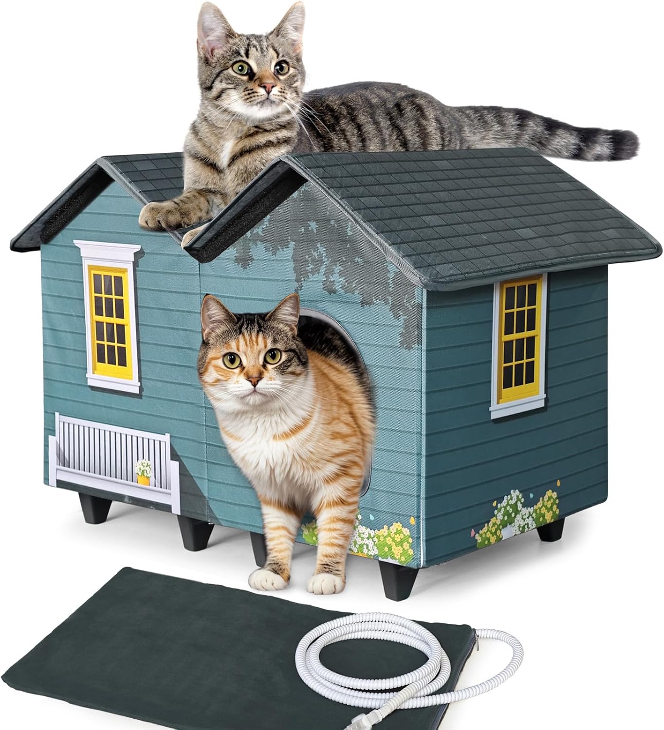 Heated Cat Houses for Indoor/Outdoor Cats with Elevated Heated Cat Bed Providing Safe Feral Cats, Easy to Assemble