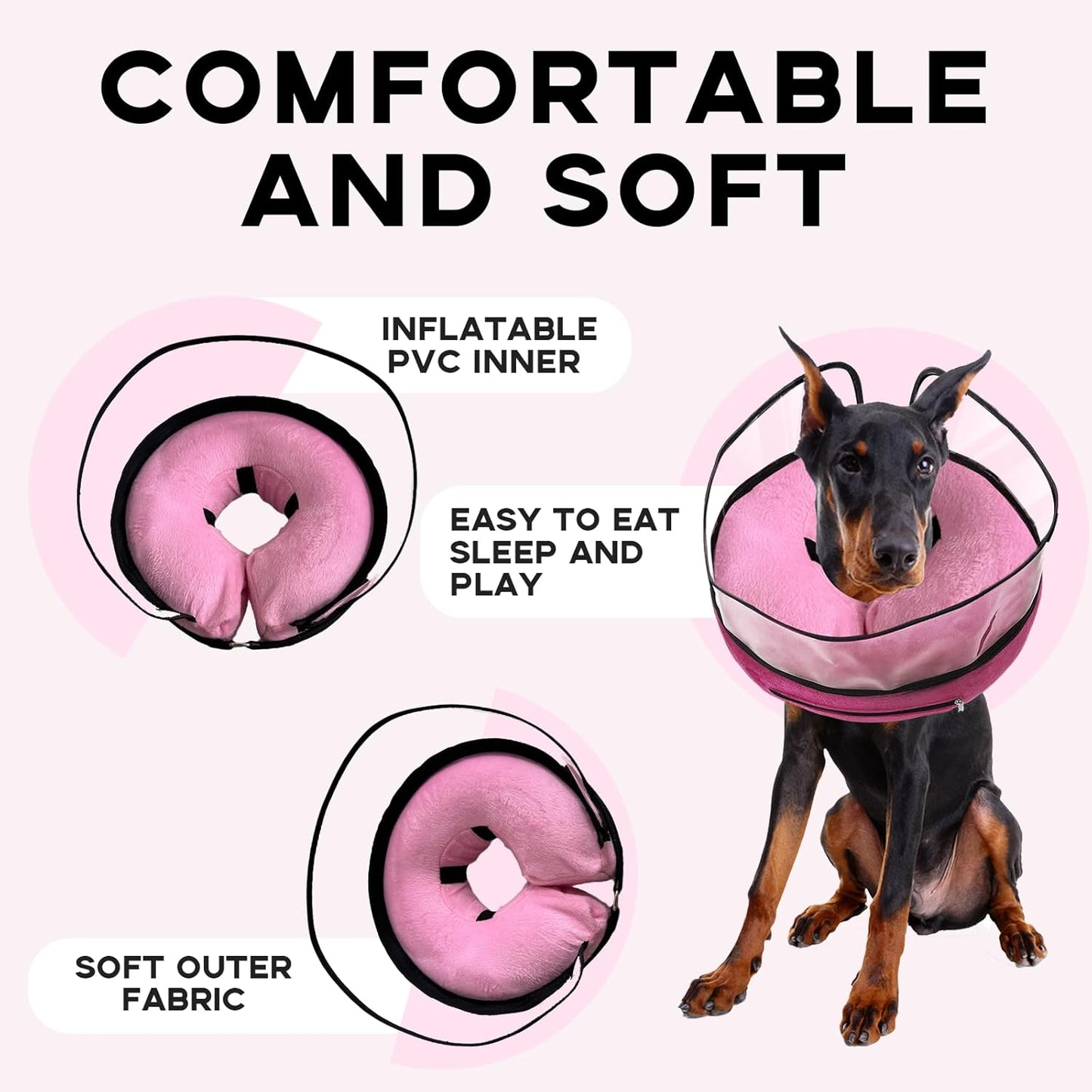 Inflatable Dog Cone Collar-Enhanced Anti-Licking Protective Cone with Adjustable Strap-Soft Dog Donut Collar Recovery Cone for Pets After Surgery (Pink, M)