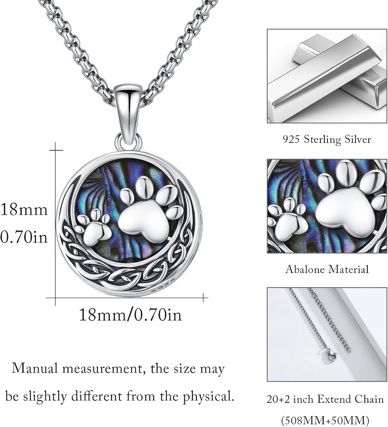 MEDWISE Celtic Urn Necklace for Ashes 925 Sterling Silver Paw Prints Necklace Abalone Shell Ashes Keepsake Memorial Urn Pendant Pet Cremation Jewelry for Ashes Memorial Jewelry for Dog Cat Pet