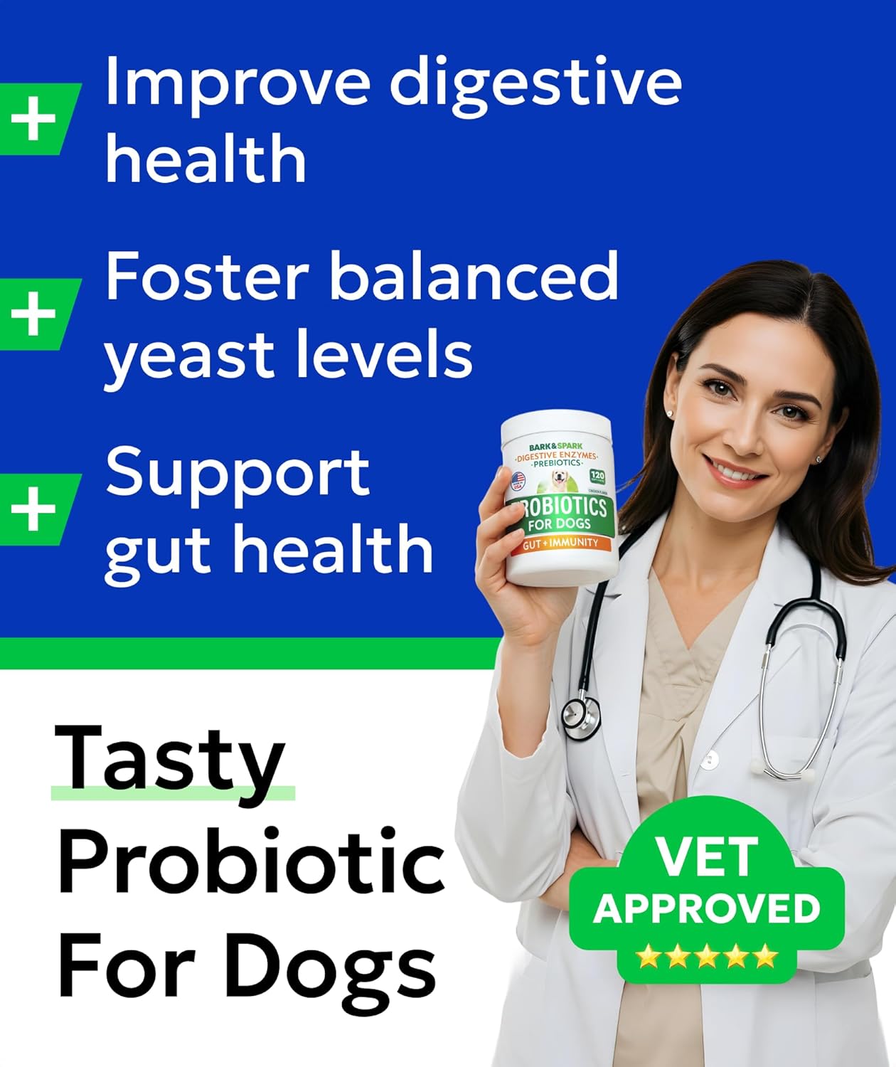 BARK&SPARK Dog Probiotics for Digestive Health w/Enzymes & Fiber - Diarrhea Gas Treatment Upset Stomach Relief - Allergy & Itchy Skin - Pet Probiotics for Dogs - (120Ct, Bacon)