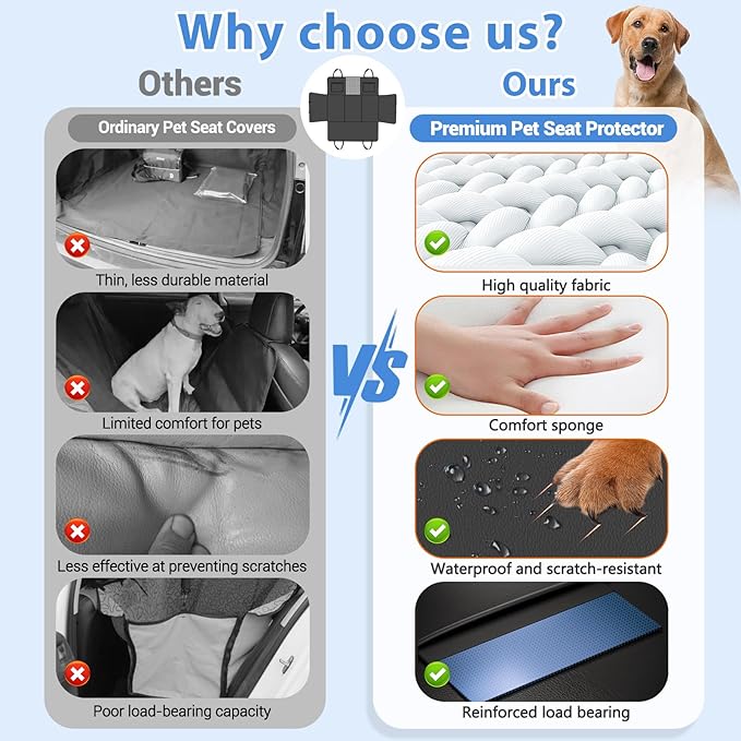 Hard Bottom Dog Car Seat Cover for Back Seat – Waterproof Nonslip Hammock Extender for Trucks & SUVs, Heavy Duty Pet Protector, Black Faux Leather