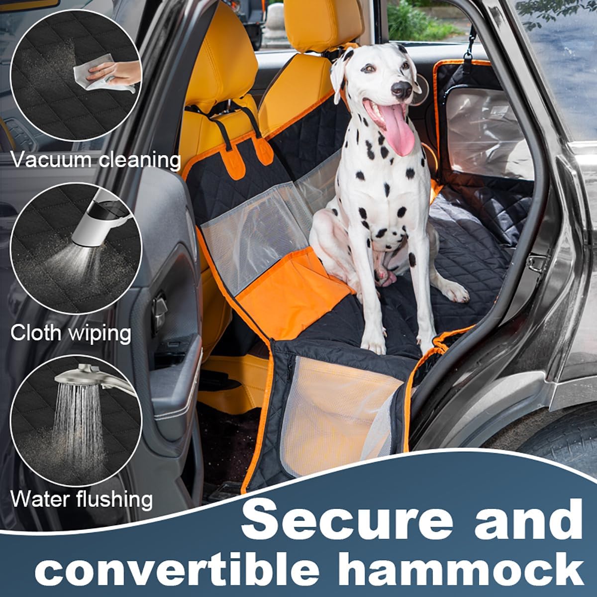 Dog Car Seat Cover, 4-Layer Waterproof Back Seat Protector with Mesh Windows,3 Accessories Pockets Nonslip Pet Hammock Style for Cars Trucks SUVs, Include 1 Dog Safety Belt (Black-Orange)