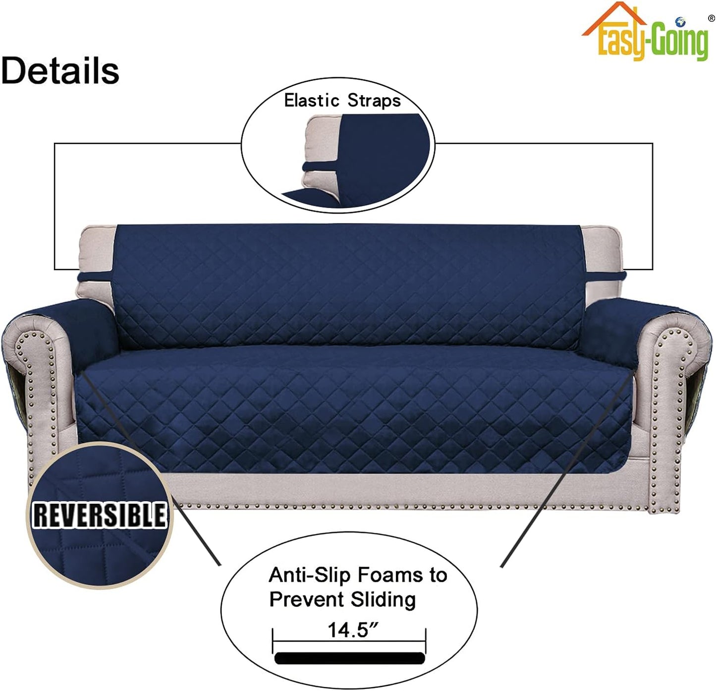 Easy-Going Reversible Oversized Couch Cover for 3 Cushion Couch Sofa Cover for Dogs Water Resistant Furniture Protector Cover with Foam Sticks for Pet Cat (Oversized Sofa, Navy/Navy)