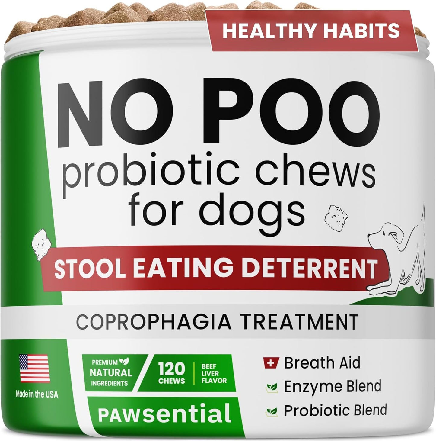 No Poo Chews for Dogs - Coprophagia & Stool Eating Deterrent with Probiotics, Digestive Enzymes & Breath Aid Support - Stop Dog Poop Eating - Made in USA - 120Ct (Beef Liver)